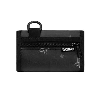 Black wallet with a brand logo on a white background