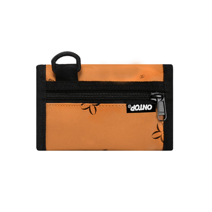 Orange wallet with black zipper and handle on a white background