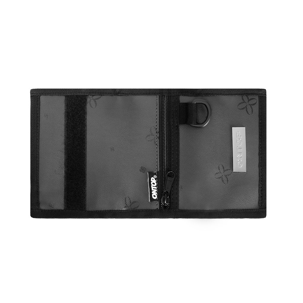 Black wallet with a clear compartment and brand logo on a white background