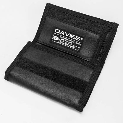 Black wallet with 'DAVIES' branding on a white background