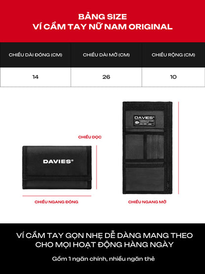 Black wallet with Davies branding and size chart on a red and black background
