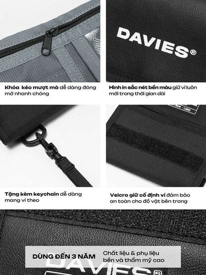 Black wallet with keychain and multiple features highlighted, featuring the brand 'DAVIES'.