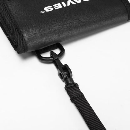 Black wallet with a strap and 'DAVIES' branding on a white background