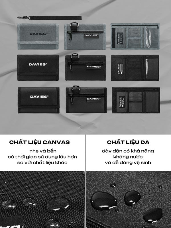 Collection of black wallets and pouches with 'DAVIES' branding on a gray background.