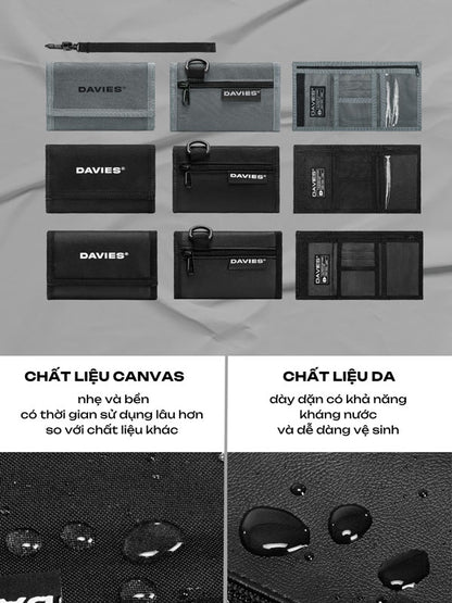 Collection of black wallets and pouches with 'DAVIES' branding on a gray background.