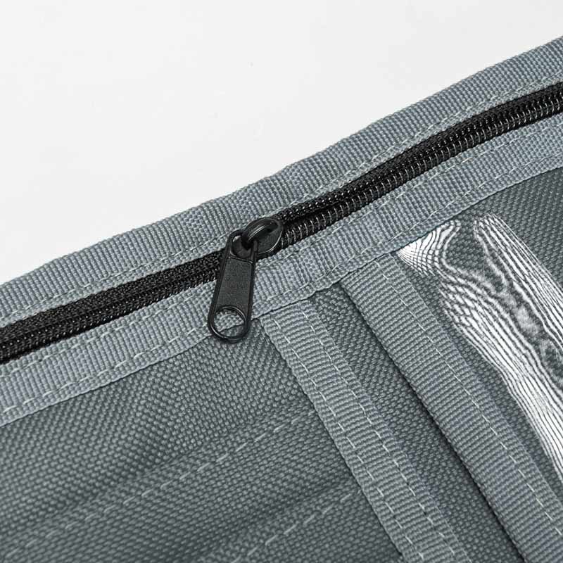 Close-up of a gray bag with a black zipper on a white background