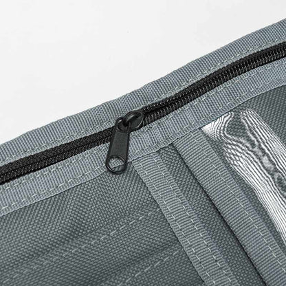 Close-up of a gray bag with a black zipper on a white background