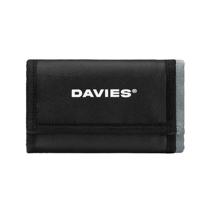 Black wallet with 'DAVIES' branding on a white background