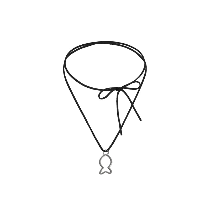 Black choker necklace with a fish pendant on a white background
