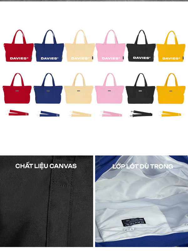 Collection of colorful bags with Davies branding, showing different colors and materials.