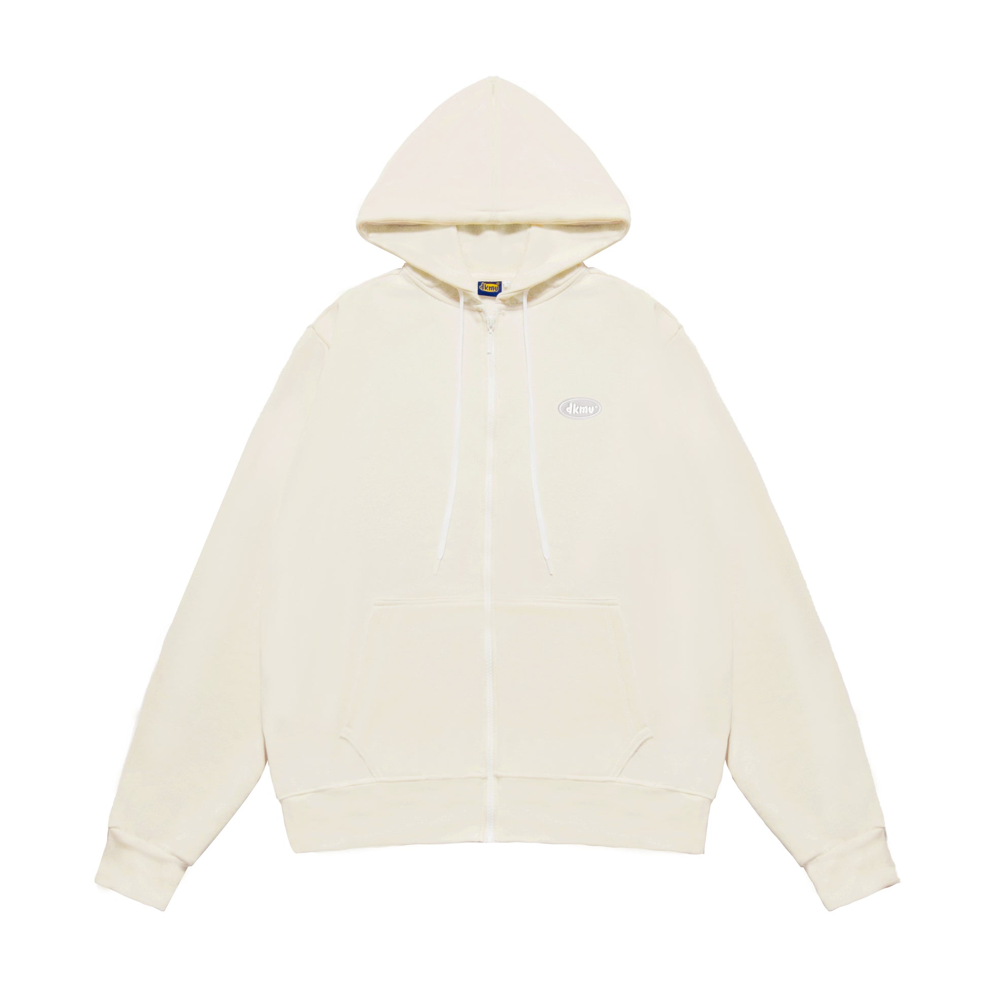 Beige hoodie with a small logo on a white background