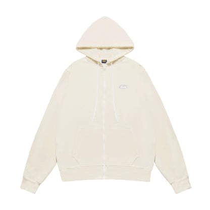 Beige hoodie with a small logo on a white background